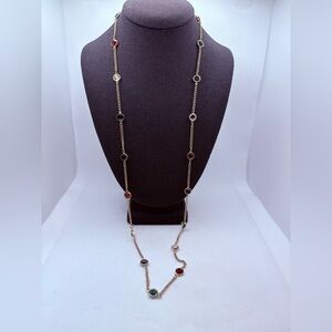 Vintage 1928 Jewel Tone Bezel Set Crystals Station Necklace Gold Tone 34”